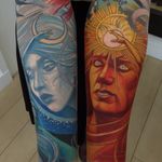 Apollo and Selene by Steve Moore #SteveMoore #color #neotraditional #Apollo #Selene #mythology #gods #deities #sun #moon #night #day #portrait #stars #Greek #Roman #tattoooftheday