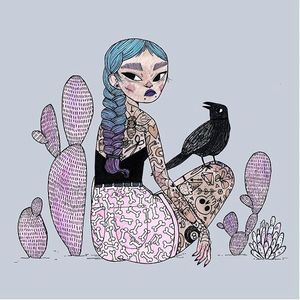 Tattooed girl with a crow illustration by Heather Mahler. #HeatherMahler #illustration #art #tattooart #tattooedwomen #girls #watercolor