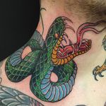 A vicious viper coiled on a man's neck by Beau Brady in the traditional style. #banger #BeauBrady #bold #snake #traditionalamerican #viper