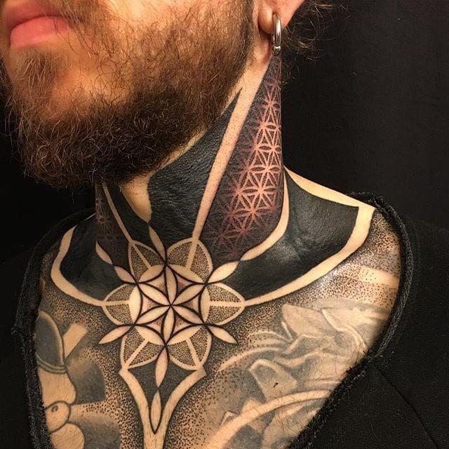 Geometric patterns on chest and neck.