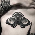 Blackwork moth tattoo by WookJuun Lee. #WookJuunLee #MadamTattooer #Madam #blackwork #moth #underboob