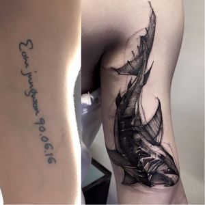 Shark tattoo by BK Tattooer #BKTattooer #contemporary #blackwork #graphic #shark #coverup