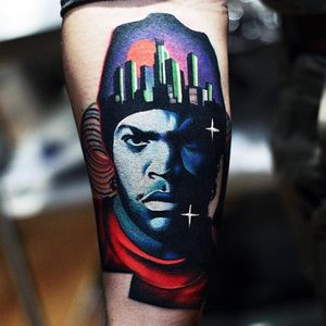Ice Cube tattoo by David Cote. #DavidCote #semiabstract #trippy #psychedelic #popculture #icecube #rapper
