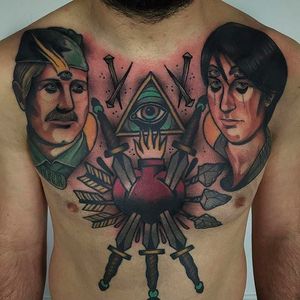 Awesome neo traditional front piece. #DidacGonzalez #neotraditional #chest #sacredheart #eye #portraits
