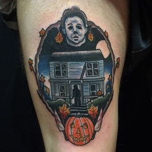 Traditional style Halloween themed tattoo by Shane Murphy. #traditional #Halloween #horror #MichaelMyers #ShaneMurphy