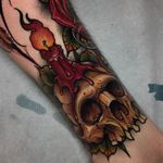 The light of death. Tattoo by Ick Abrams #ickabrams #candletattoos #color #neotraditional #candle #light #flame #skull #death #leaves #nature