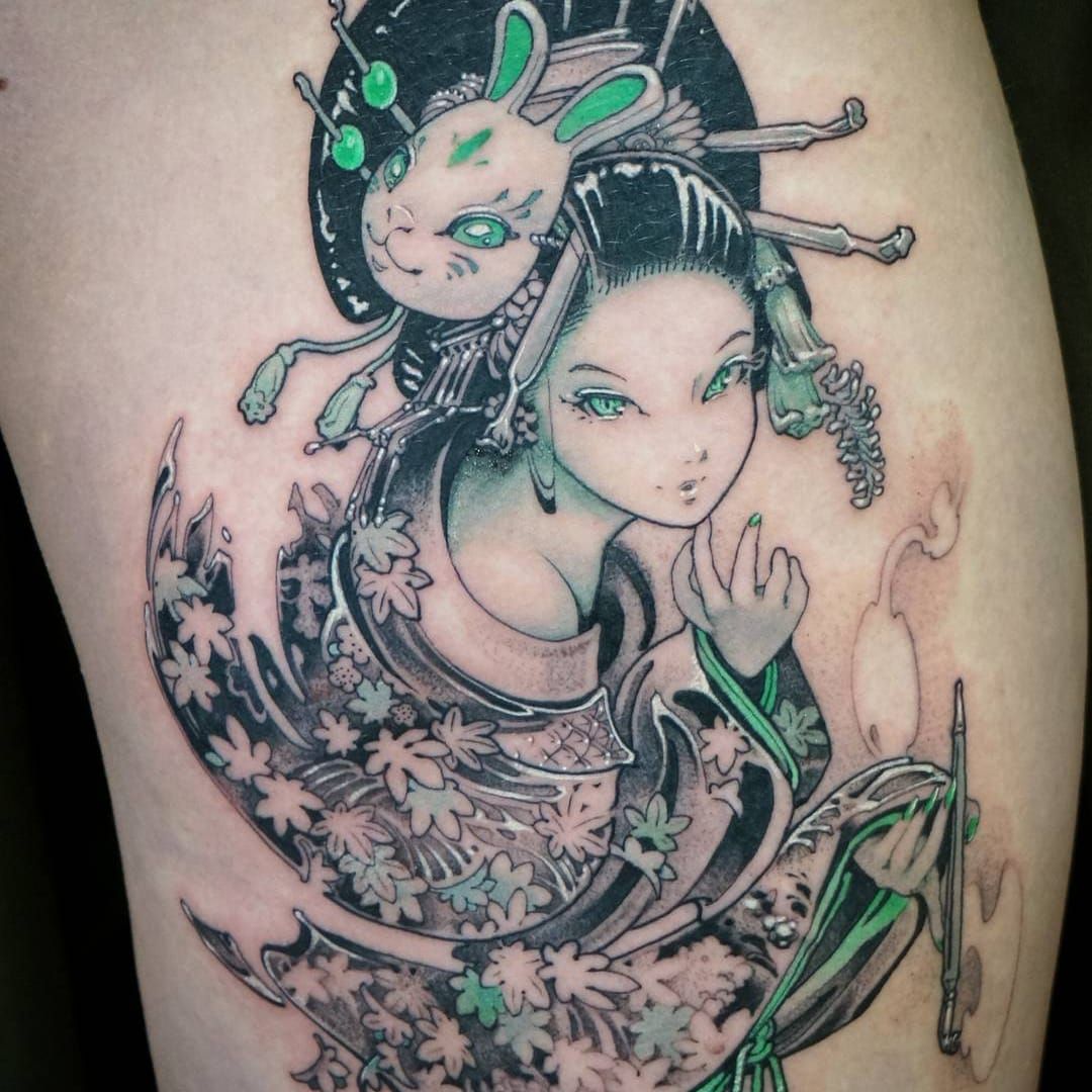 Side Japanese Dragon Geisha Tattoo by RG74 tattoo