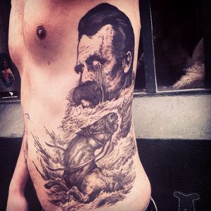 Nietzsche tattoo by Jean-Luc Navette. #JeanLucNavette #blackwork #vintage #gothic #horror #dark #macabre #nietzsche