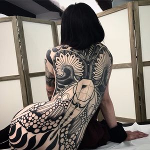 Backpiece in progress by Vale Lovette #ValeLovette #backwork #linework #dotwork #pattern #geometric #ornamental #moth #butterfly #wings #Artnouveau #artdeco #gem #tattoooftheday