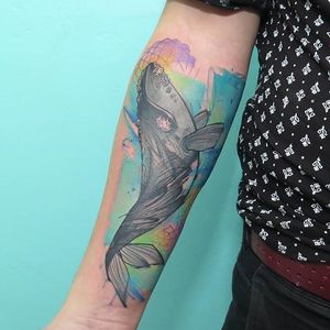 Illustrative watercolor whale cover up tattoo by Florenciz Gonzalez Tizon. #watercolor #FlorenciaGonzalezTizon #coverup #whale