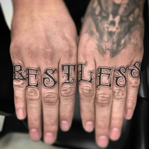 "Rest Less" by Anthony Carreiro. (via IG—skanvastattoo) #knuckletattoos #knuckles #lettering