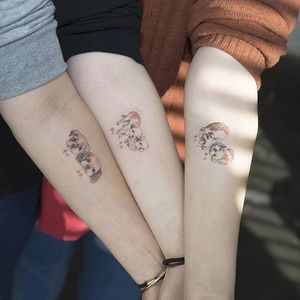 A wonderful shot of three people with doggie memorial tattoos by Sol Tattoo (IG—soltattoo). #adorable #micropuppies #minature #realism #SolTattoo