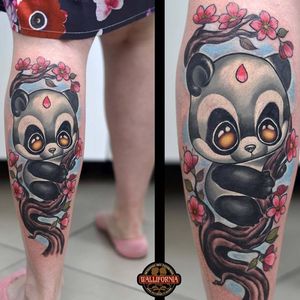 Panda tattoo by Rude Eye #RudeEye #newschool #animal #cute #kawaii #babyanimal #panda #cherryblossom