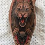 The Lion, the Witch, and the Wardrobe....by Drew Shallis #DrewShallis #neotraditional #color #lion #crown #skull #junglecat #nature #jewelry #teeth #death #tattoooftheday