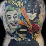 Huge classic Batman back piece. #adamwest #batman #batmantattoo #joker #robin