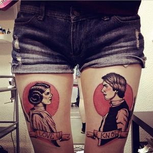 Han Solo and Leia Tattoo, artist unknown #hansolo #princessleia #hansoloandleia #leia #starwars #couples #couple
