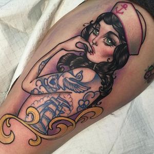 Tattooed Sailor Girl Tattoo by Ly Aleister #sailorgirl #sailorgirltattoo #tattooedsailorgirl #tattooedsailorgirltattoo #tattoosintattoos #traditional #nautical #pinup #LyAleister