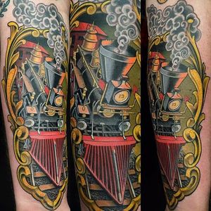 Train tattoo by Russ Abbot. #neotraditional #train #metro #antique