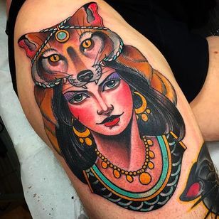 Foxy Lady Tattoo por Xam @XamTheSpaniard #Xam #XamtheSpaniard #Beautiful #Gypsy #Girl #Lady #Traditional #sevendoorstattoo