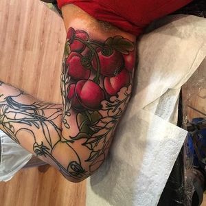 Tomatoes as part of a neo traditional fruit and vegetable sleeve. By Aaron Piechocinski. #tomato #neotraditional #fruit #vegetable #AaronPiechocinski