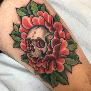 Death rose tattoo by Patrick Whiting #PatrickWhiting #besttattoos #color #traditional #Japanese #mashup #skull #death #flower #rose #peony #leaves #nature #tattoooftheday
