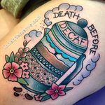 Barista-insipired tattoo by Linnea Pecsenye. #LinneaPecsenye #sparkly #girly #pinkwork #coffee #barista #caffeine #coffeelover #cofeepot