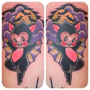Bat Kewpie tattoo by Kewpie tattoo by Stacey Martin. #StaceyMartin #bat #kewpie #cute #doll #baby #adorable