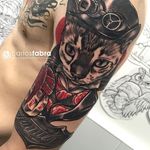 Cat Tattoo by Carlos Fabra #cat #neotraditional #neotraditionalartist #redandblack #twocolor #CarlosFabra