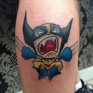 Wolverine chibi tattoo by Mark Ford. #newschool #chibi #MarkFord #wolverine #marvel #comics
