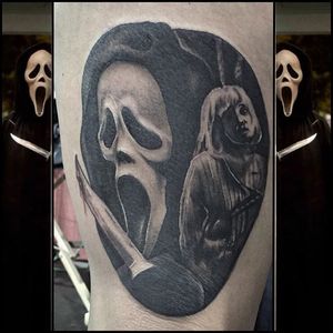 Ghost face and Drew Barrymore Scream inspired tattoo by Shane Murphy. #blackandgrey #realism #horror #Scream #GhostFace #DrewBarrymore #ShaneMurphy