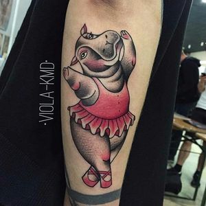Ballerina hippopotamus tattoo by Viola Ceina. #ballerina #dancer #traditional #hippopotamus #ViolaCeina