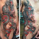 Ben Siebert (IG—bensiebert) does excellent tattoos of battling beasts. #BenSiebert #bold #colorful #dragon #eagle #traditional