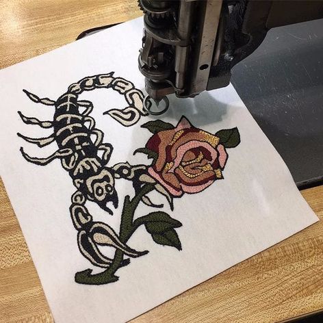 Scorpion and Rose by Old English Rose (via IG-old.english.rose) #embroidery #chainstitch #tattooinspired #oldenglishrose #VictoriaAdrian