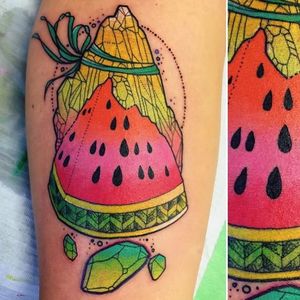 Watermelon tattoo by Katie Schocrylas. #Katie Shocrylas #watermelon #fruit #tropical #melon #juicy #traditional #summer