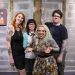 The Eight of Swords crew raised over $3000 for animals in need. From L to R Sonia Karas Zoe Bean, Betty Rose (winner of Tattoodo's best dressed award) and Dave C Wallin. Photo credit Ann Marie Amick (IG -- am_amick) cropped by Tattodo staff #eightofswords