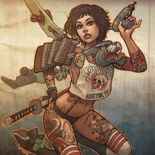 Badass tattooed pin up illustration by Deseo. #Deseo #illustrator #tattooart #tattooedwomen #pinup #badasswomen #badass #drawing #pinupgirls #women #warrior #japanese