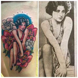 Awesome traditional tattoo by James White @IamJimmyJam done at Infamous Ink @infamousink #JamesWhite #InfamousInk #Grandma #Grandmother #GrandmaTattoos #pinup #girl #oldschool #traditional #portrait