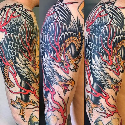 Eagle attack by Gordon Combs #GordonCombs #color #traditional #eagle #feathers #wings #freedom #fire #talons #bird #flying #baldeagle #tattoooftheday