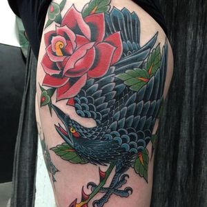 Traditional crow. #BradStevens #Traditional #bold #crow #rose #americantraditional #hip #sexytattoo