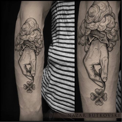 Lucky clover tattoo by Nazar Butkovski #NazarButkovski #engraving #blackwork #science #clover #fourleafclover