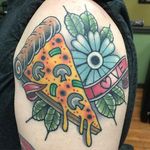 Pizza Tattoo by Katie McGowan #Traditional #BoldTattoos #ColorfulTattoos #Colorful #KatieMcGowan