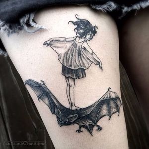 Blackwork bat tattoo by Phil Tworavens. #bat #blackwork #horror #dark #woman