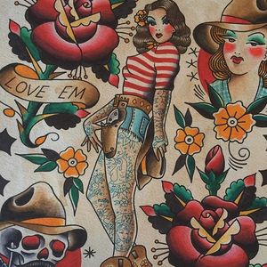 Flash design of a tattooed cowgirl pinup by Howlin' Wolf (IG—howlinwolftattoo). #cowgirl #flashart #HowlinWolf #pinup #roses #traditional