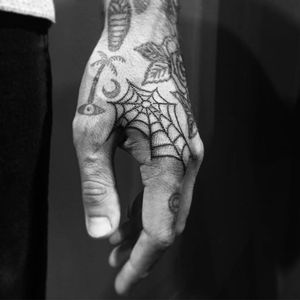 Spider Web Tattoo by Annelise Kinney #spiderweb #hand #traditional #AnneliseKinney