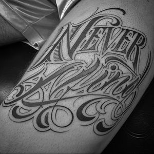 'Never Mind' Lettering Tattoo by Rae Martini #letteringtattoo #letteringtattoos #lettering #script #scripttattoos #scripttattoo #letteringinspiration #scriptinspiration #letteringartists #fonttattoos #RaeMartini