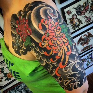 Traditional Japanese half sleeve, Chrysanthemum tattoo by Nicolas Fox. #sleeve #Japanese #flower #chrysanthemum #NicolasFox