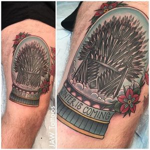 Iron Throne tattoo by Jessica White. #gameofthrones #GOT #tvshow #ironthrone #snowglobe #traditional #traditionalamerican