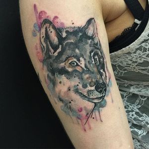 Watercolor wolf tattoo by Clare Lambert. #watercolor #ClareLambert #wolf #animal
