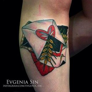A classic image of the envelope with a heart and some leaves. Solid tattoo by Evgenia Sin. #EvgeniaSin #neotraditional #coloredtattoo #envelope