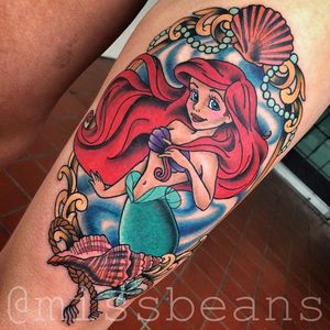 Little Mermaid Tattoo by Jessie Beans #littlemermaid #littlemermaidtattoo #disney #disneytattoo #colorfultattoo #traditional #traditionaltattoo #boldtattoos #brigthtattoos #JessieBeans